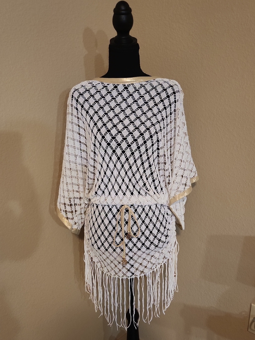 Luli Fama White Crochet Cover-Up with Gold Trim